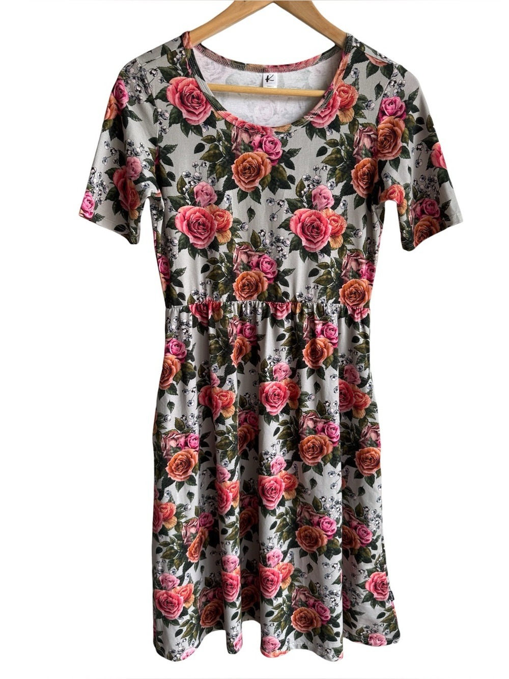 Kindred Half Sleeve Floral Dress Sz S Grey Pink Stretch Sundress Summer Fall